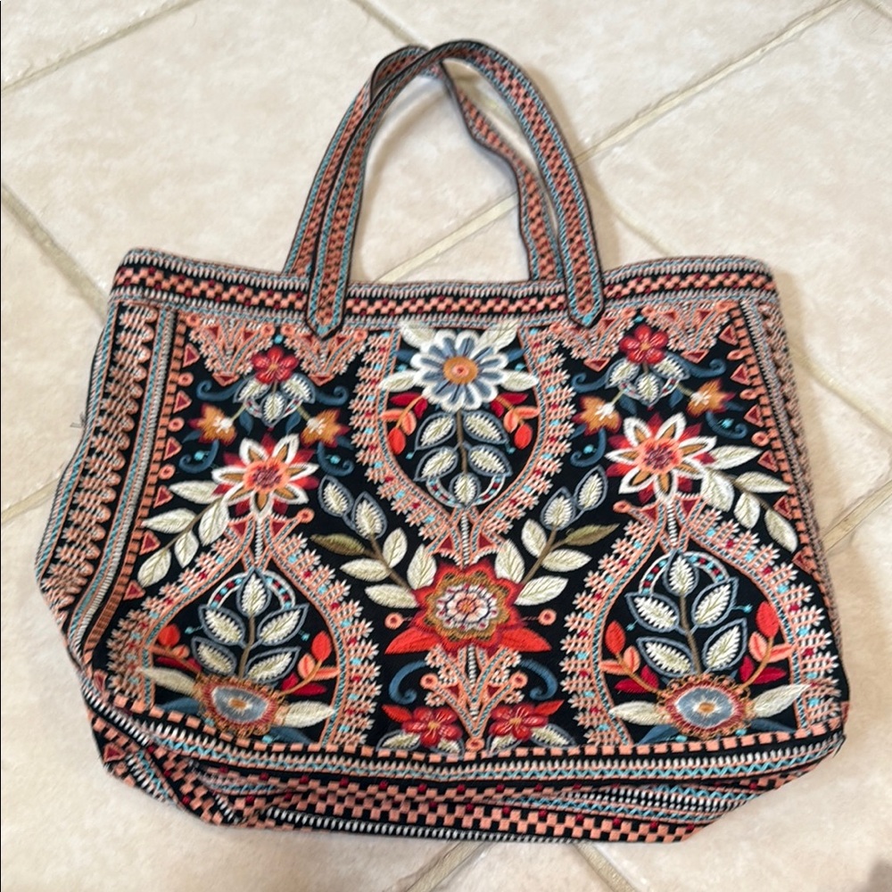 Johnny Was Black and Red Embroidered Tote Bag
